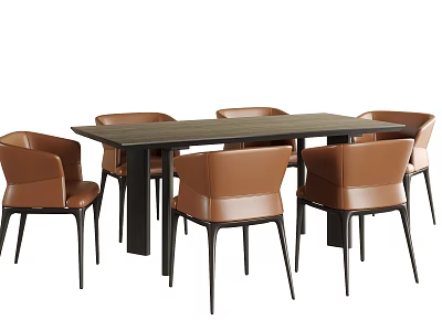 Modern Dining Table With Dark Wooden Top And Brown Leather Chairs Black Legs 3d model