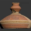 Ancient Ceramic Vessel With Decorative Crown Shaped Lid And Patterned Surface