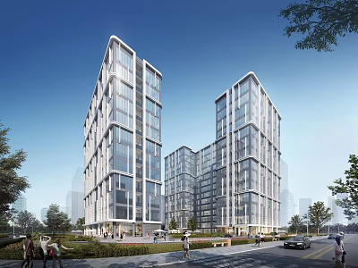 Industrial Factory Building Modern High Rise Structure With Glass Curtain Walls Green Areas And Roadside Scene 3d model