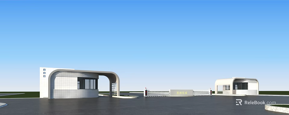 Modern Entrance Gate Design Featuring Curved Metal Structure Glass Panels And Adjacent Building 3d model 