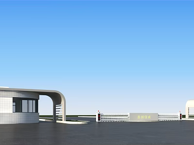 Modern Entrance Gate Design Featuring Curved Metal Structure Glass Panels And Adjacent Building 3d model