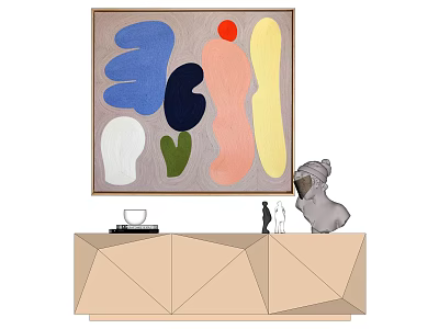 Abstract Wall Art With Colorful Shapes Above Geometric Cabinet And Decorative Items 3d model