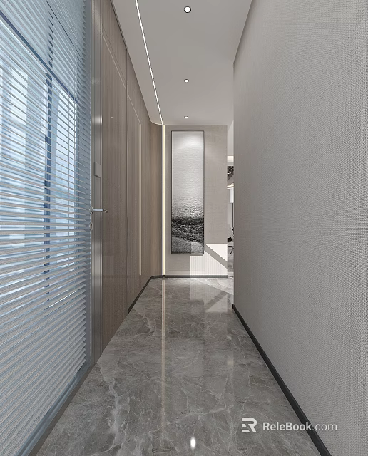 Modern Office Corridor With Marble Floor Light Colored Walls And Decorative Painting 3d model 