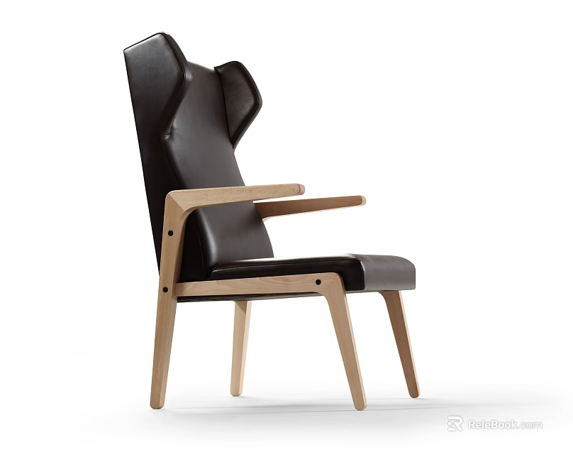 Black Leather Leisure Chair With Wooden Armrests And Modern Sleek Design Legs 3d model 