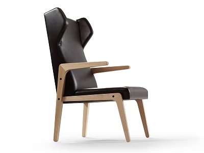 Black Leather Leisure Chair With Wooden Armrests And Modern Sleek Design Legs 3d model