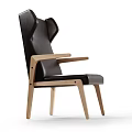 Black Leather Leisure Chair With Wooden Armrests And Modern Sleek Design Legs