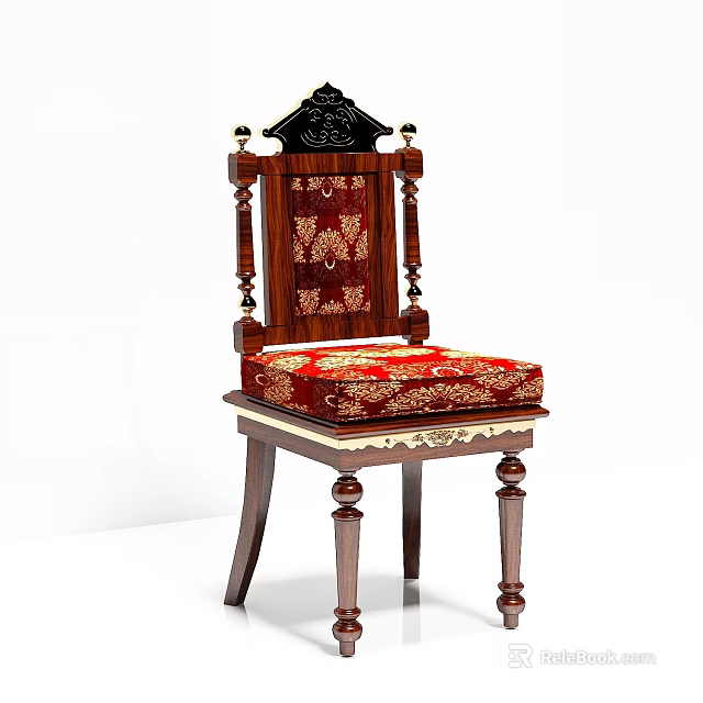 Classical Wooden Dining Chair With Red Gold Pattern Cushion And Carved Legs 3d model 