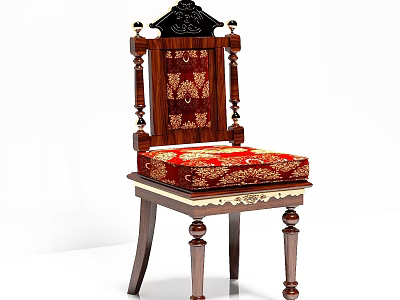 Classical Wooden Dining Chair With Red Gold Pattern Cushion And Carved Legs 3d model