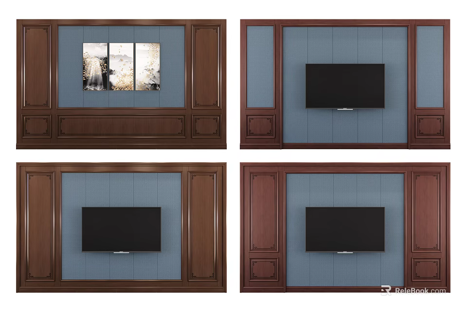 Elegant TV Wall Design Featuring Wooden Frame Blue Panel and Triptych Art 3d model