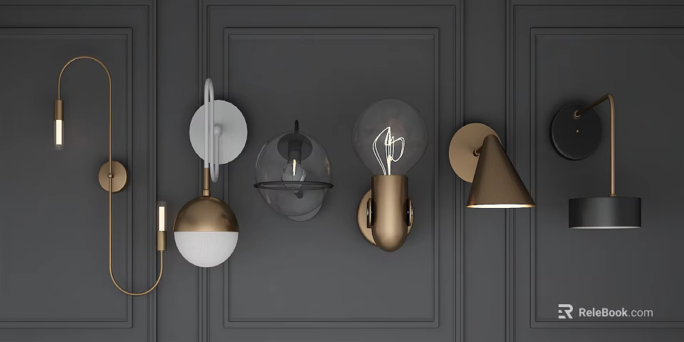 Modern Wall Lamps With Various Designs Mounted On Dark Gray Wall 3d model