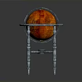 Decorative Orange Red Globe on Silver Metal Stand Featuring Intricate Legs and Smooth Surface