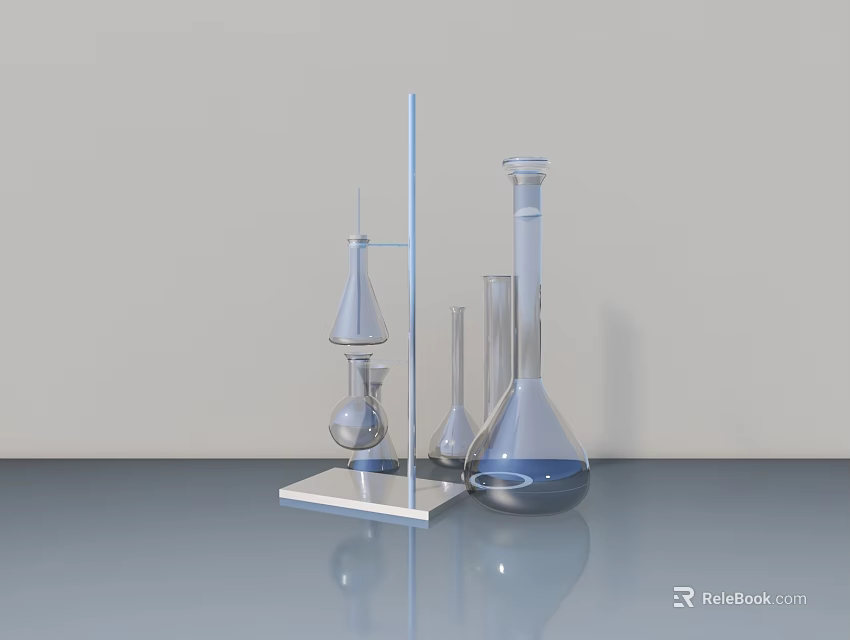 Organized Display Shelf With Transparent Laboratory Glassware Conical Flasks Beakers Funnel 3d model 