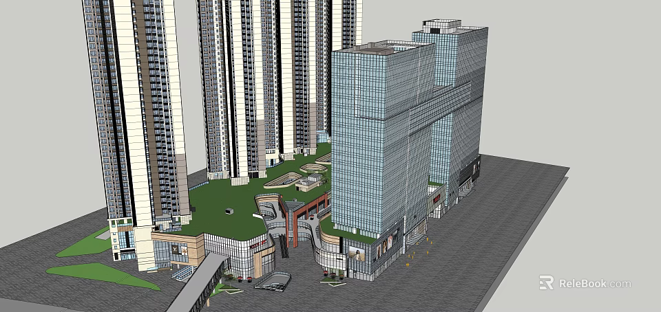 Modern High Rise Buildings With Glass Facade Commercial Residential Complex And Green Space 3d model 