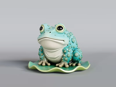Light Blue Frog Landscape Sculpture with Green Leaf Base and Bumpy Textured Surface 3d model