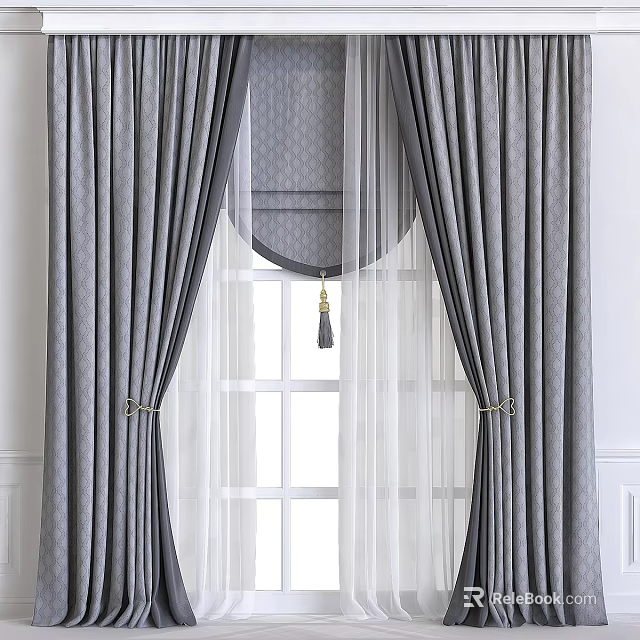 Elegant Gray Curtains With Sheer White Panels Tiebacks And Tassel Accent For Window Interior 3d model 