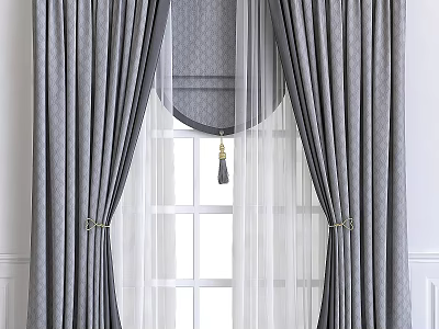 Elegant Gray Curtains With Sheer White Panels Tiebacks And Tassel Accent For Window Interior 3d model