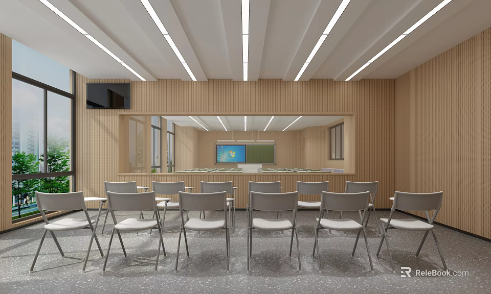 Modern School Classroom Featuring Wooden Walls Tables Chairs Ceiling Lights And Windows 3d model 