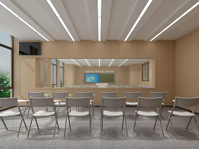 Modern School Classroom Featuring Wooden Walls Tables Chairs Ceiling Lights And Windows 3d model