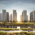 Aerial View Of Modern Residential Area With High Rise Buildings Green Spaces And River