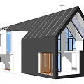 Modern Detached House Exterior With Sloped Roof Large Glass Windows And Geometric Design