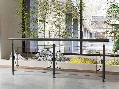 Modern Glass Panel Metal Frame Fence Design For Outdoor Garden With Plants And Stones 3d model