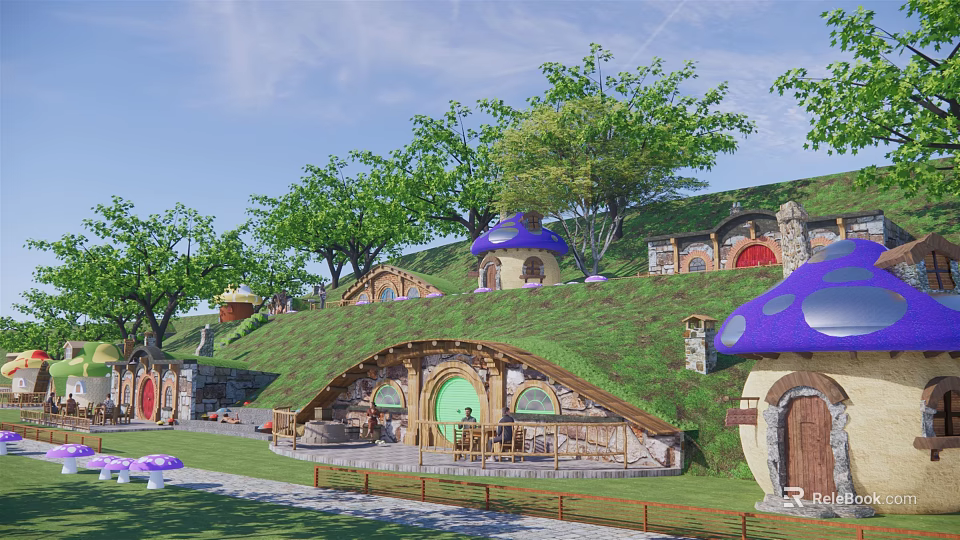 Hobbit Style Detached Villa With Green Grass Roof Mushroom Decorations Surrounded By Trees And Lawn 3d model 