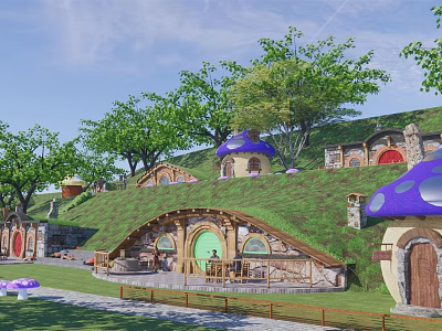 Hobbit Style Detached Villa With Green Grass Roof Mushroom Decorations Surrounded By Trees And Lawn 3d model