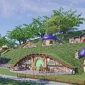 Hobbit Style Detached Villa With Green Grass Roof Mushroom Decorations Surrounded By Trees And Lawn
