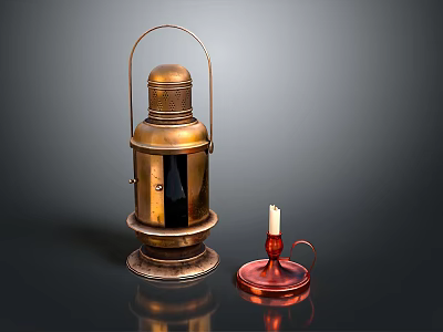 Vintage Brass Lantern And Red Candlestick With Lit Candle On Dark Background 3d model