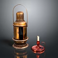 Vintage Brass Lantern And Red Candlestick With Lit Candle On Dark Background