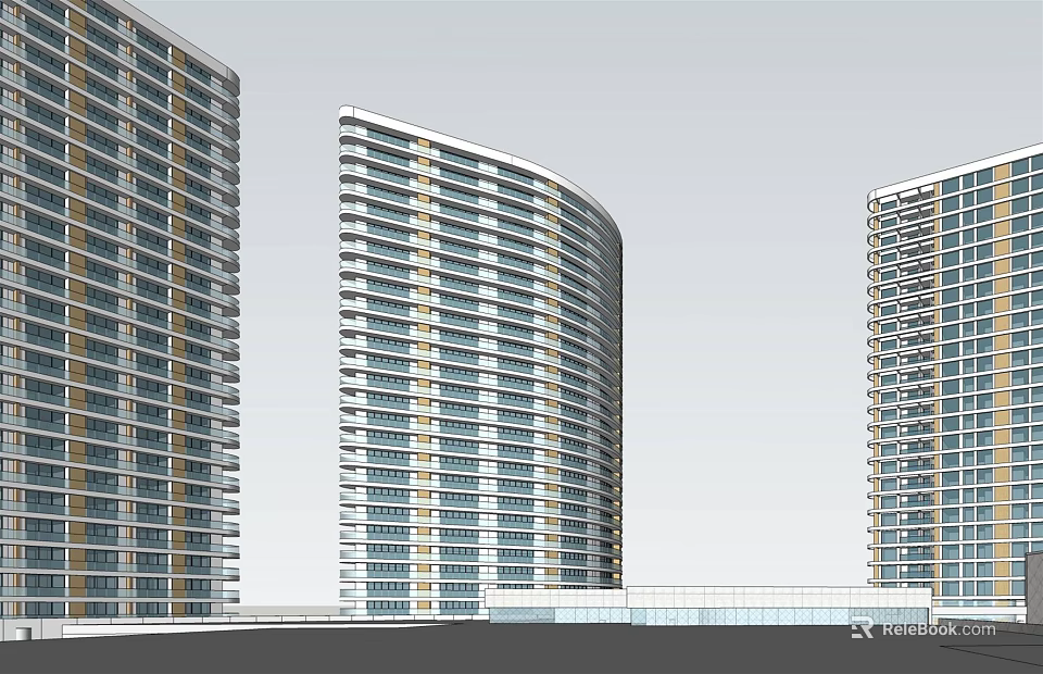 Modern Office Building Complex Featuring Three Tall Curved Towers With Glass Curtain Wall 3d model 
