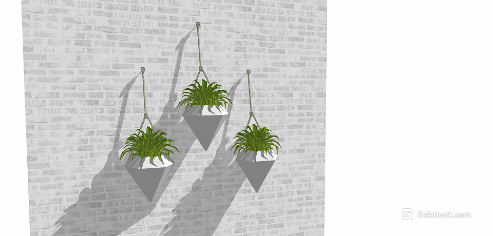 Indoor Green Plants in Pyramid Shaped Hanging Planters on Brick Wall 3d model 