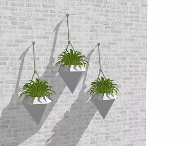 Indoor Green Plants in Pyramid Shaped Hanging Planters on Brick Wall 3d model