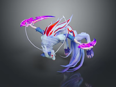 Dynamic Game Movie Character With White Body Red Markings Blue Purple Elements Fox Tail Purple Weapon 3d model