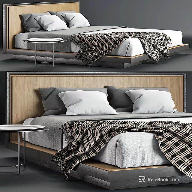 Modern Double Bed With Wooden Headboard White Pillows And Plaid Blanket 3d model 