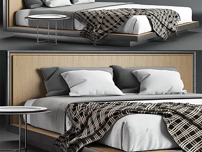 Modern Double Bed With Wooden Headboard White Pillows And Plaid Blanket 3d model