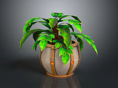Lush Green Leaf Plant with Brown Straps and Orange Accents in Stone Pot 3d model