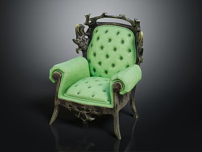 Vintage Green Chair With Ornate Wooden Frame Tufted Upholstery And Armrests 3d model