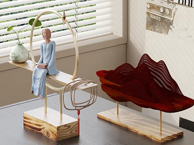 Modern Ornament Decor Combination With Sitting Figure Arched Wooden Stand And Red Mountain Mesh Decor 3d model