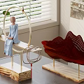 Modern Ornament Decor Combination With Sitting Figure Arched Wooden Stand And Red Mountain Mesh Decor
