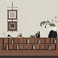 Modern Walnut Wood Decorative Cabinet with Open Compartments Books Vase and Wall Art