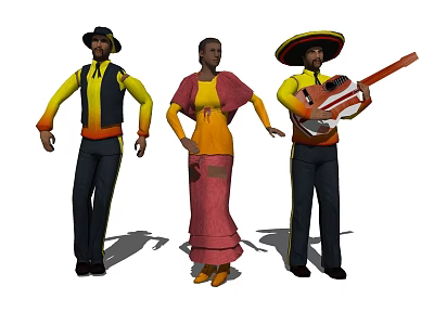 Three People in Traditional Clothing with One Holding a Guitar 3d model