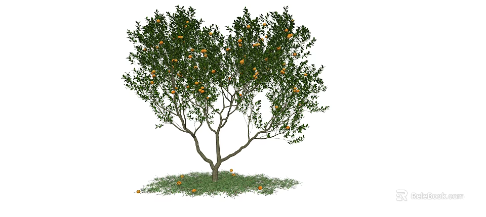 Lush Tree With Green Leaves Orange Fruits And Fallen Fruits On Grass 3d model 