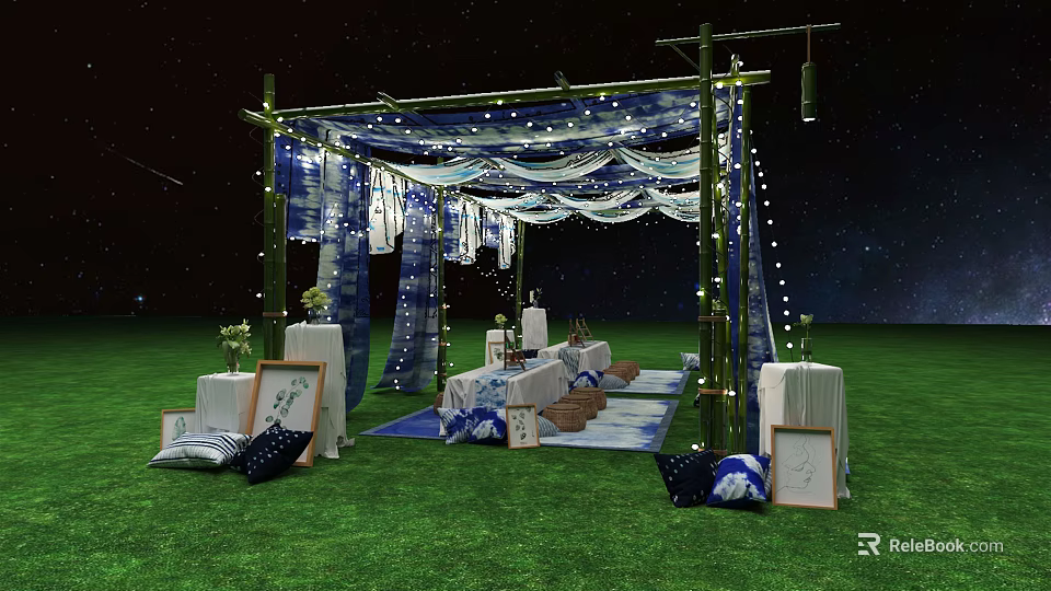 Outdoor Grass Event Setup With Bamboo Canopy Blue White Fabric String Lights Decorations 3d model