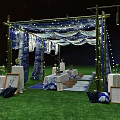 Outdoor Grass Event Setup With Bamboo Canopy Blue White Fabric String Lights Decorations 3d model