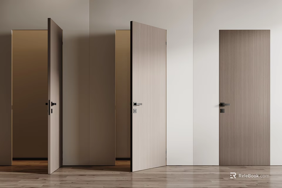Modern Hinged Doors in Light Wooden Design with Open and Closed States in Interior Space 3d model 