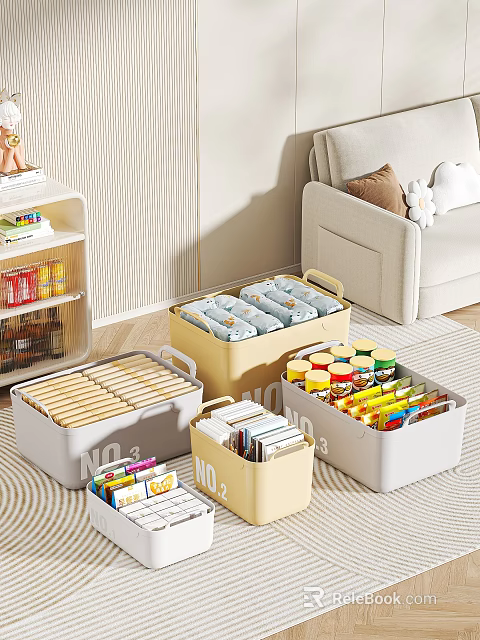 Organize Household Items With Yellow Gray Storage Boxes Containing Snacks Cans Biscuits Labeled NO1 NO3 3d model 
