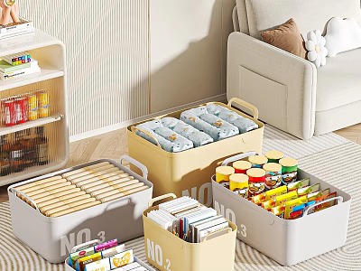 Organize Household Items With Yellow Gray Storage Boxes Containing Snacks Cans Biscuits Labeled NO1 NO3 3d model