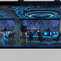 Modern Cybercafe Interior With Blue Neon Lights Computers Comfortable Chairs And Tree Views 3d model