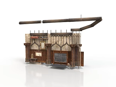Vintage Interior Scene Structure With Wooden Shelves Blackboard Carved Panels And Decorative Beams 3d model